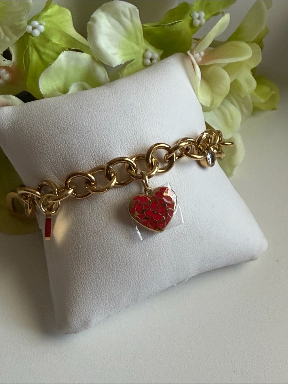 Coach Gold-Tone Link Bracelet with Red Heart Charm